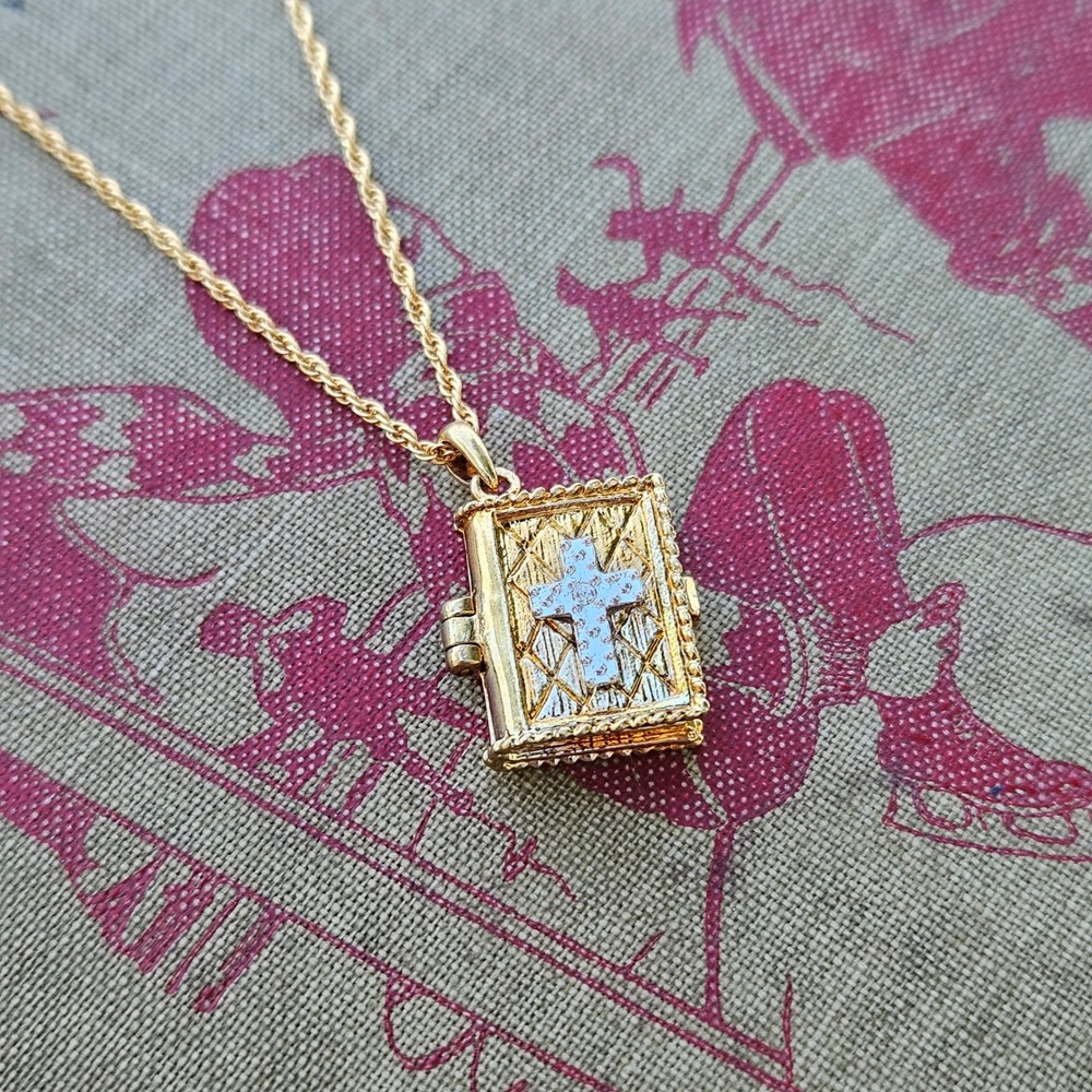 Gold Tone Bible Locket Necklace Mark 10:27 Scripture Cross Pendant Religious